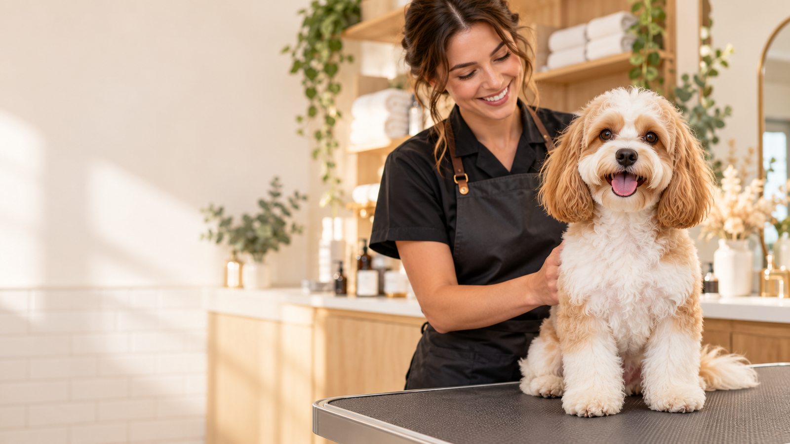 Freshly groomed dog with a professional pet groomer