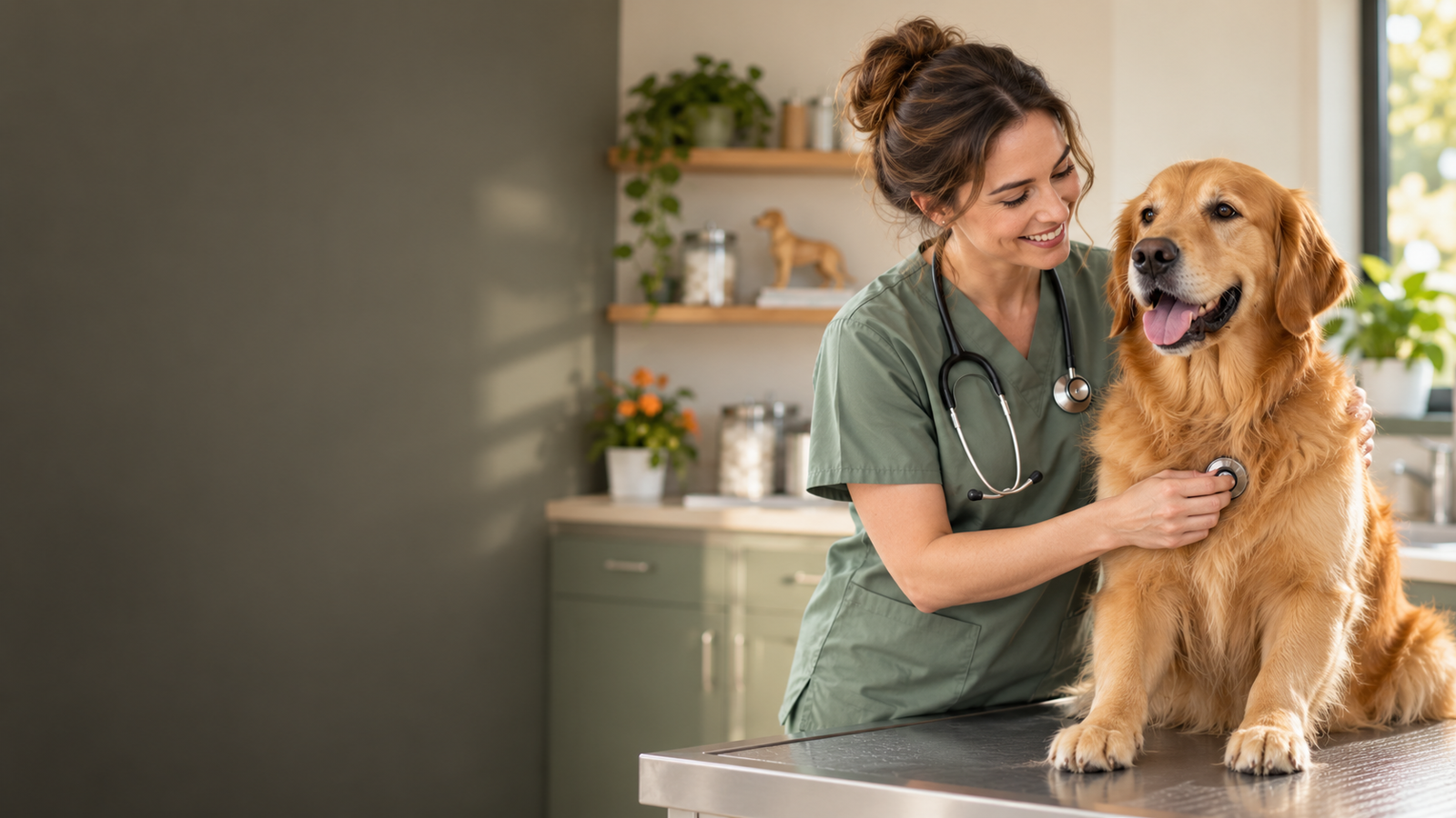 Veterinarian performing a gentle checkup on a golden retriever